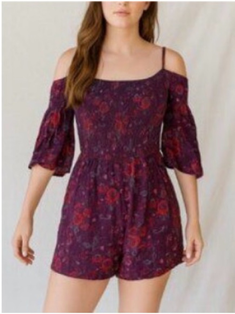 Hollister Burgundy & Red Floral Cold-Shoulder Romper